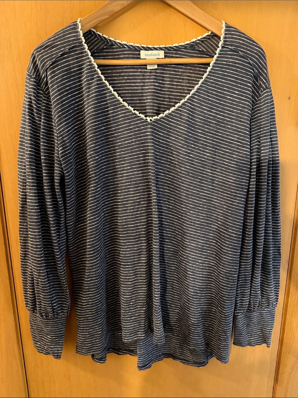Sundance Women’s Linen Striped V-Neck Long Sleeve Top Blue Gray Size Small